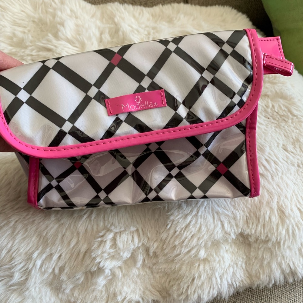 Modella Pink, Black, and White Checkered Women's Makeup Bag w/ Mirror